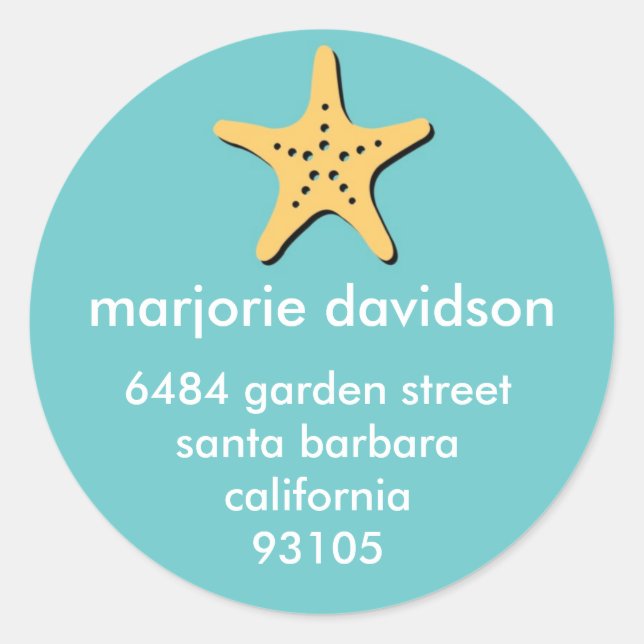 Beach starfish address labels yellow blue (Front)