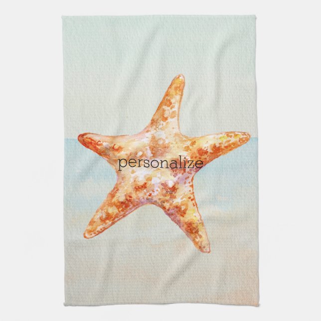 Beach Starfish Blue Ocean Watercolor Tea Towel (Vertical)