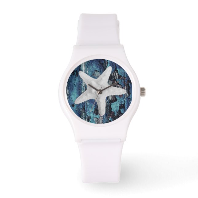 Beach Starfish Blue Rustic White Wristwatch (Front)