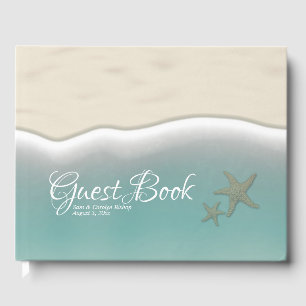 Beach Starfish, Blue Sea Water Ocean Sand Wedding Guest Book