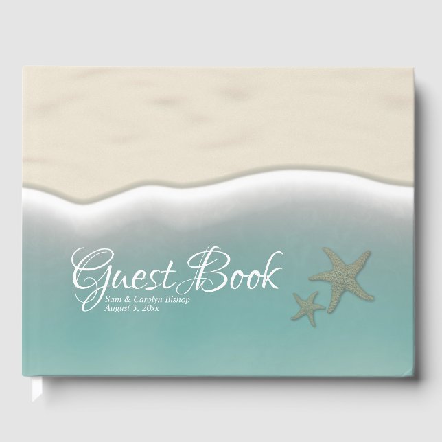 Beach Starfish, Blue Sea Water Ocean Sand Wedding Guest Book (Front)