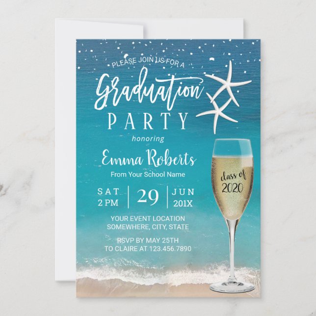 Beach Starfish & Champagne Glass Graduation Invitation (Front)