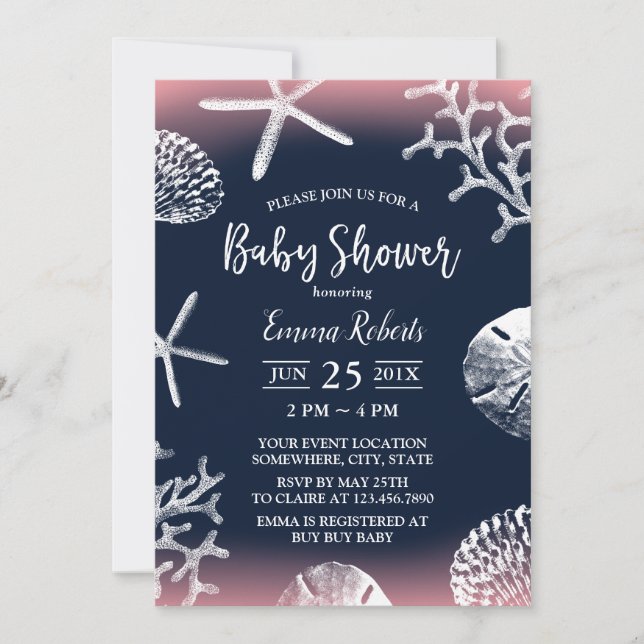 Beach Starfish Coral Reef Navy Pink Baby Shower Invitation (Front)