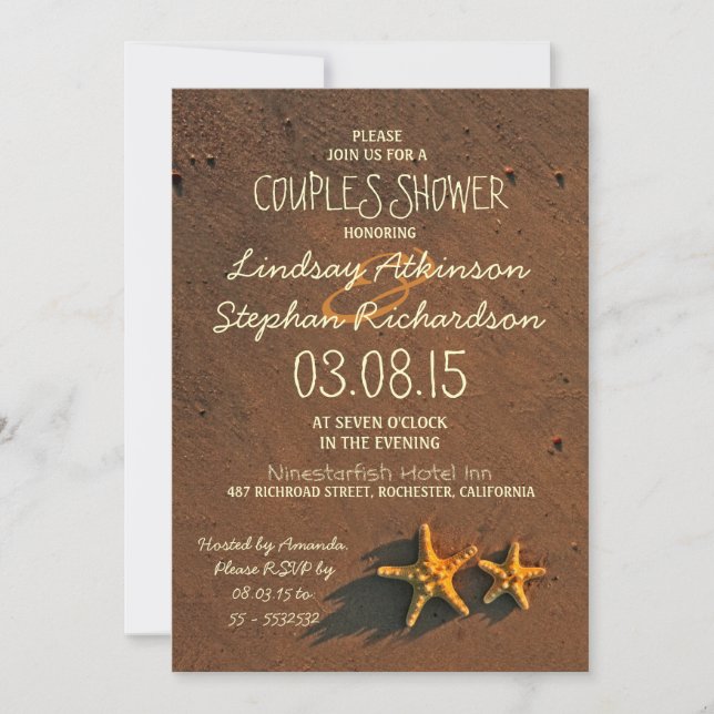 beach starfish couple couples shower invitations (Front)