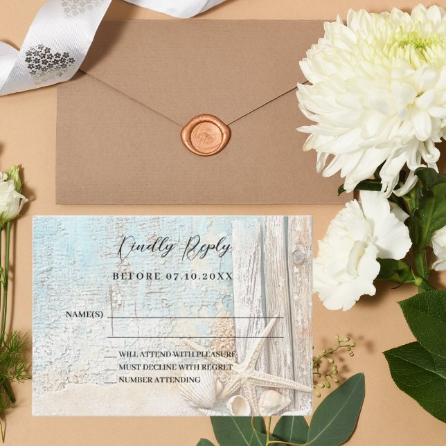 Beach starfish driftwood wedding response RSVP Card (Creator Uploaded)