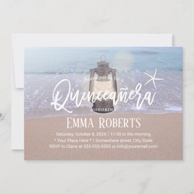 Beach Starfish & Lantern Quinceanera 15 Birthday Invitation (Front)