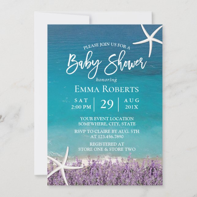 Beach Starfish Lavender Floral Baby Shower Invitation (Front)