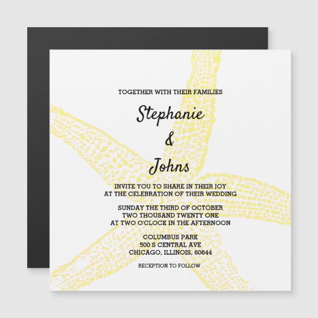 Beach Starfish Nautical Yellow White Theme Wedding Magnetic Invitation (Front/Back)