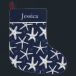 Beach Starfish Navy Blue Coastal Large Christmas Stocking<br><div class="desc">A beautiful navy blue and white starfish patterned Christmas stocking,  with editable text at the top to add a name or message</div>