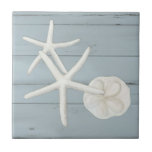Beach Starfish Sanddollar Shells Dusty Blue Wood Tile<br><div class="desc">Simple, tranquil seashore inspired design is perfect for a modern stylish beach house or a Cottage style home at the shore. Hand painted oil pastel White Fingered Starfish and sun bleached sand dollar seashells with elegant, painterly detail was created by internationally licensed artist and designer, Audrey Jeanne Roberts. Cottage dusty...</div>