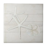 Beach Starfish Sanddollar Shells White Washed Wood Tile<br><div class="desc">Simple and elegant monochromatic design is perfect for a modern stylish beach house or a Cottage style home at the shore. Hand painted oil pastel White Fingered Starfish and sun bleached sand dollar seashells with elegant, painterly detail was created by internationally licensed artist and designer, Audrey Jeanne Roberts. Cottage white,...</div>