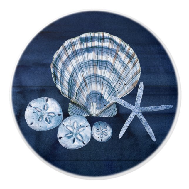 Beach Starfish Seashells Navy Blue Rustic Wood Ceramic Knob (Front)