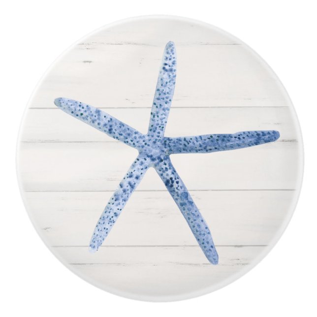 Beach Starfish Shell Modern Blue White Barn Wood Ceramic Knob (Front)