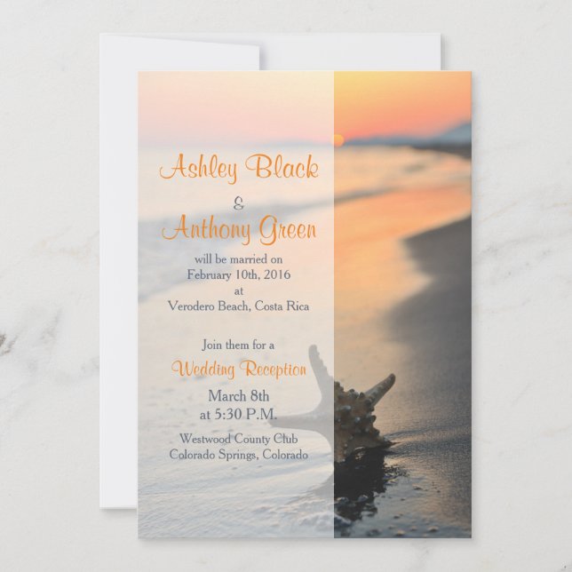 Beach Starfish Sunset Wedding Reception Only Invitation (Front)