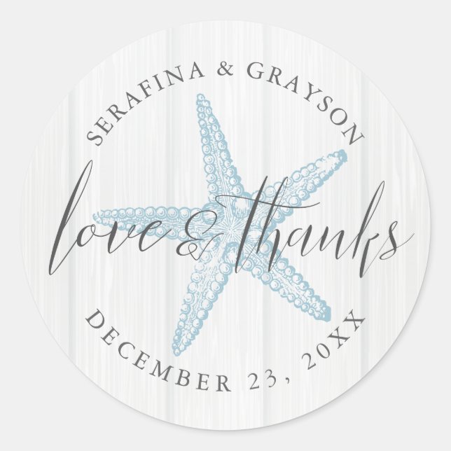 Beach Starfish Thank You Rustic Wedding Favour Classic Round Sticker (Front)