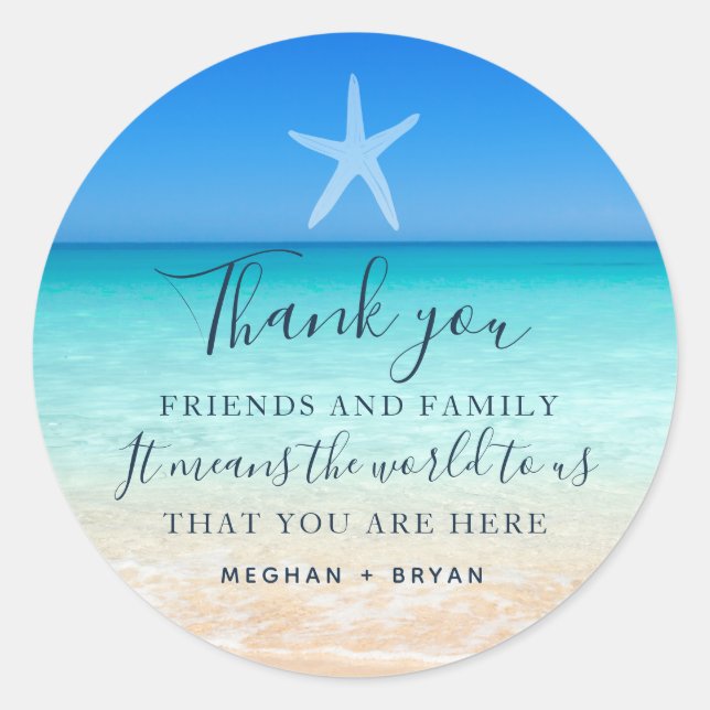 Beach Starfish Thank You Wedding Favour Classic Round Sticker (Front)