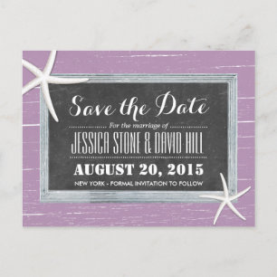 Beach Starfish Violet Weathered Wood Save the Date Announcement Postcard