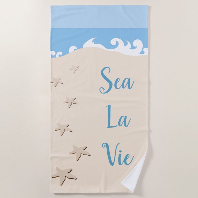 Beach, Starfish, Waves "Sea La Vie" Beach Towel (Front)