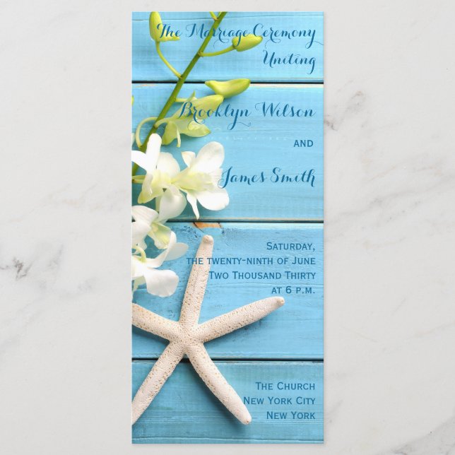 Beach Starfish Wedding Programs with Orchid Floral Programme (Front)