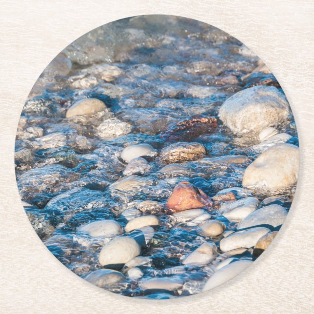 Beach stones on the lake shore round paper coaster (Front)