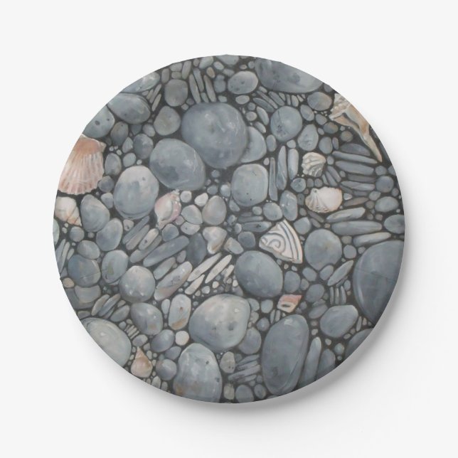 Beach Stones Shells Pebbles Rocks Painting Art Paper Plate (Front)