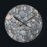 Beach Stones Shells Pebbles Rocks Painting Art Round Clock<br><div class="desc">Beach Stones and Shells - This painting of a rocky beach is a close-up of black beach stones, and little shells and a pottery shard you can pick up, examine, and then put in your pocket. What a dream for shellers and beachcombers to have a little memory of happy beachcombing...</div>