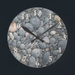 Beach Stones Shells Pebbles Rocks Painting Art Round Clock<br><div class="desc">Beach Stones and Shells - This painting of a rocky beach is a close-up of black beach stones, and little shells and a pottery shard you can pick up, examine, and then put in your pocket. What a dream for shellers and beachcombers to have a little memory of happy beachcombing...</div>