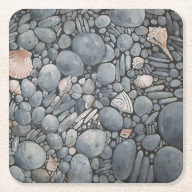 Beach Stones Shells Pebbles Rocks Painting Art Square Paper Coaster (Front)