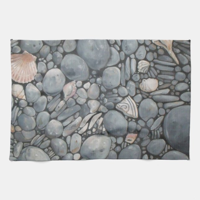 Beach Stones Shells Pebbles Rocks Painting Art Tea Towel (Horizontal)