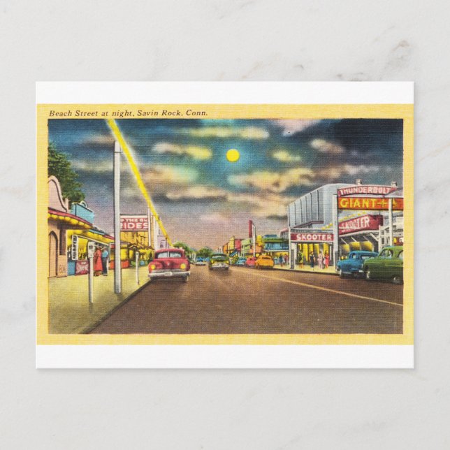Beach Street at Night in Savin Rock, CT Postcard (Front)