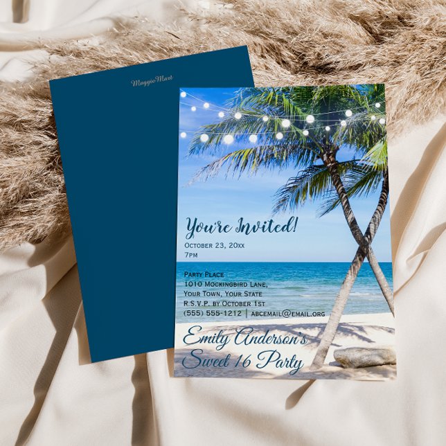Beach String Light Palm Tree Sweet 16 Birthday Invitation (Creator Uploaded)