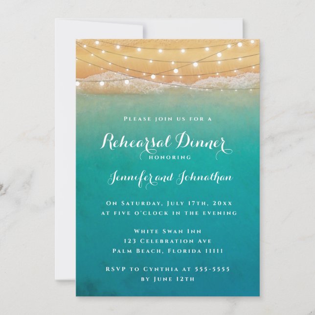 Beach String Lights Rehearsal Dinner Invitations (Front)