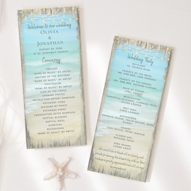 Beach String Lights Rustic Wood Wedding Program Programme (Creator Uploaded)