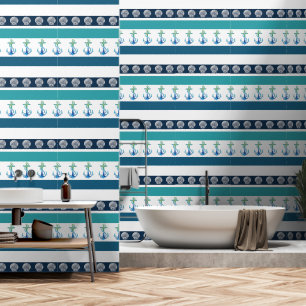 Beach Stripe Blue White Aqua Teal Anchor Wallpaper