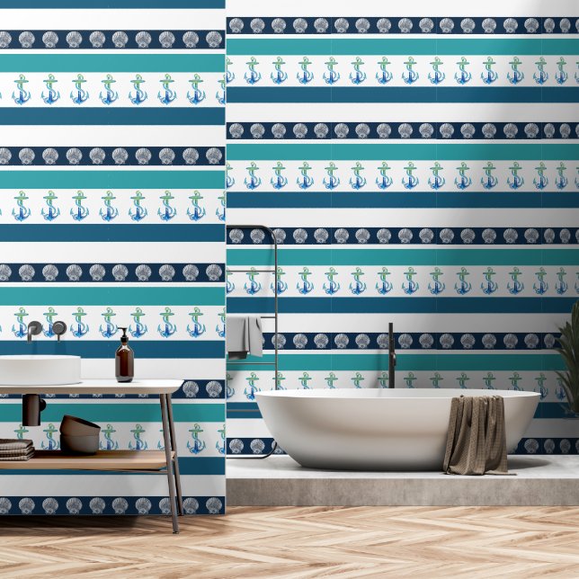 Beach Stripe Blue White Aqua Teal Anchor Wallpaper (Bathroom)