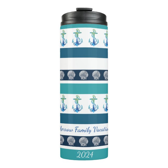 Beach Striped Blue White Family Thermal Tumbler (Front)