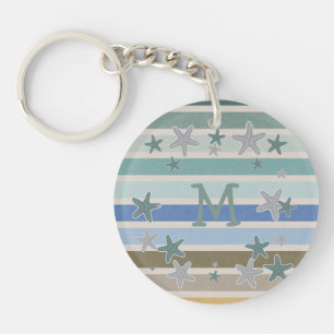 Beach Stripes and Starfish Monogram Key Ring
