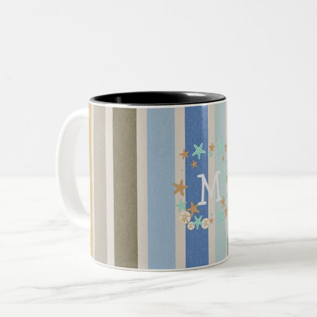 Beach Stripes and Starfish Monogram Two-Tone Coffee Mug (Front Left)