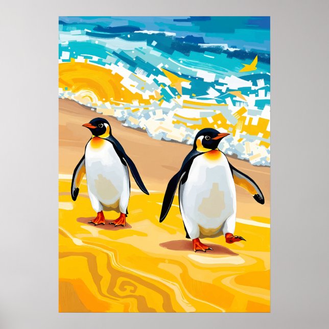 Beach Strolling Penguins – Vibrant Ocean Art Poster (Front)