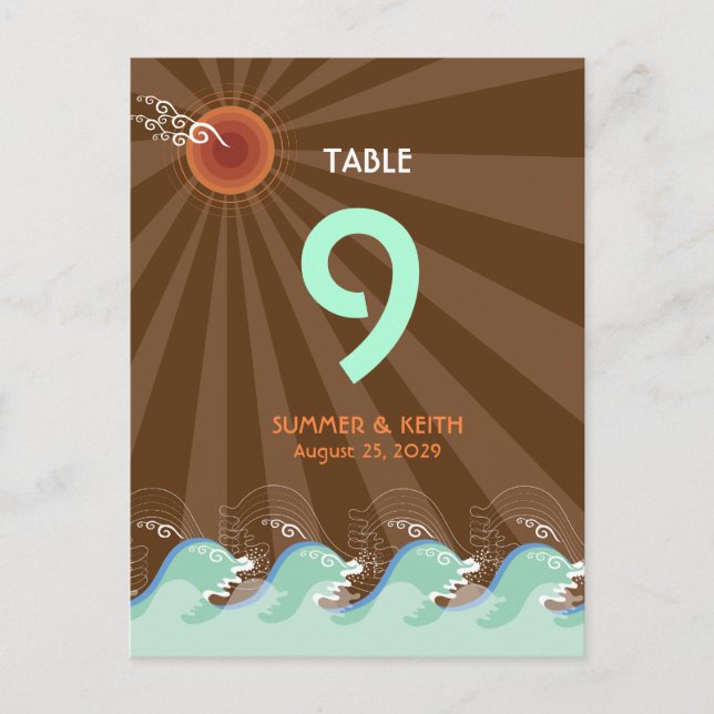 Beach Summer Cool Waves Brown Sun Table Number Postcard (Front)