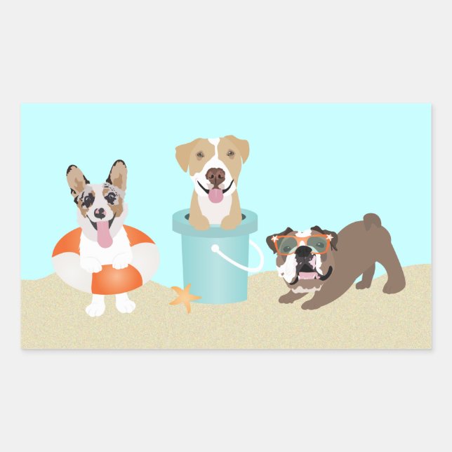 Beach Summer Dogs Blue Orange Rectangular Sticker (Front)