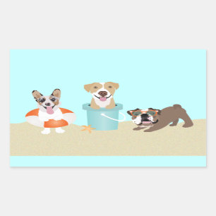 Beach Summer Dogs Blue Orange Rectangular Sticker