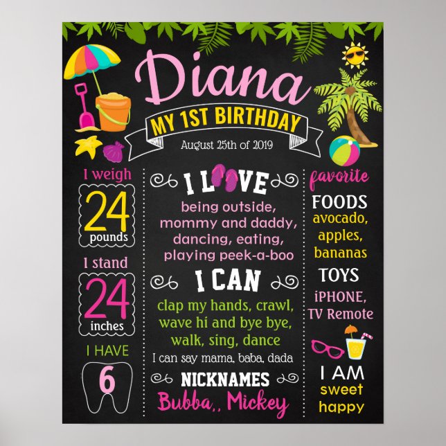 Beach Summer Pool Birthday Party chalkboard girl Poster (Front)