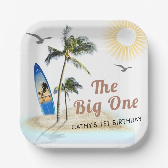 Beach Summer Surf 1st Birthday 7" Square  Paper Plate (Front)