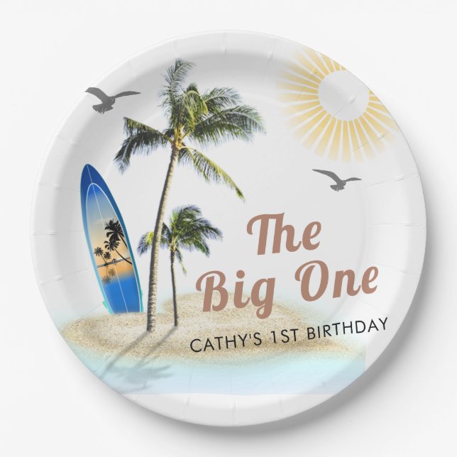 Beach Summer Surf 1st Birthday 9" Round  Paper Plate (Front)