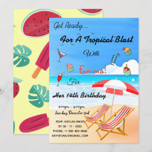 Beach Summer Tropical 14th Birthday Invitation