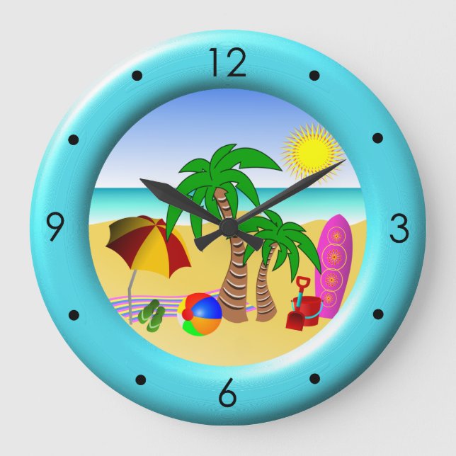 Beach Sun Sea and Surf Fun Large Blue Round Clocks (Front)