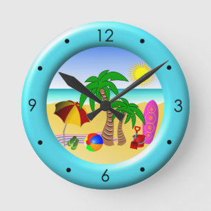 Beach Sun Sea and Surf Fun Medium Blue Round Clock