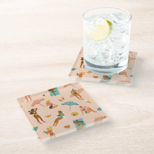 Beach Sunbathers Pattern Glass Coaster
