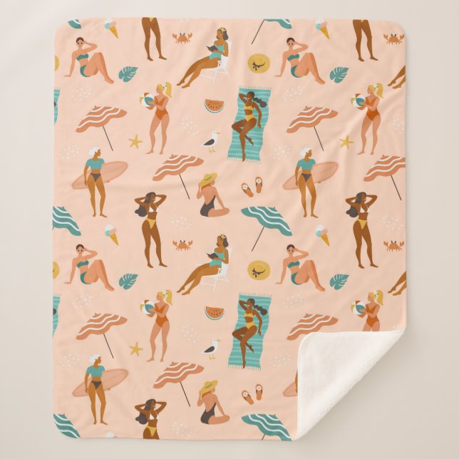 Beach Sunbathers Pattern Sherpa Blanket (Front)
